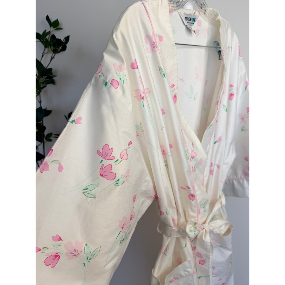 Apostrophe Vintage Floral 100% Cotton Robe Cream Pink Long Wrap Loungewear L - Picture 6 of 6